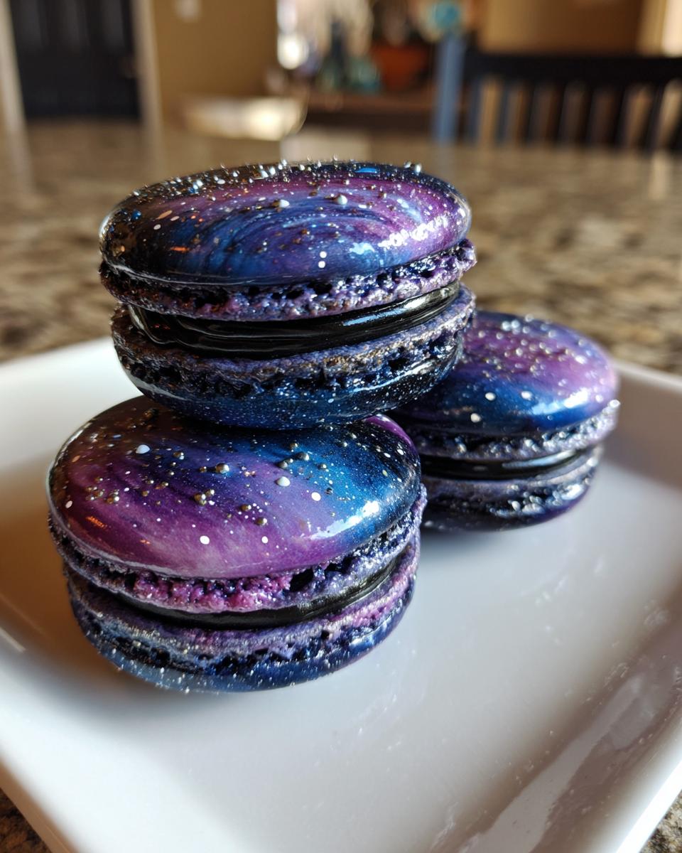 A stack of three galaxy-themed Star Wars macarons featuring deep blue and purple swirls with silver edible glitter stars.