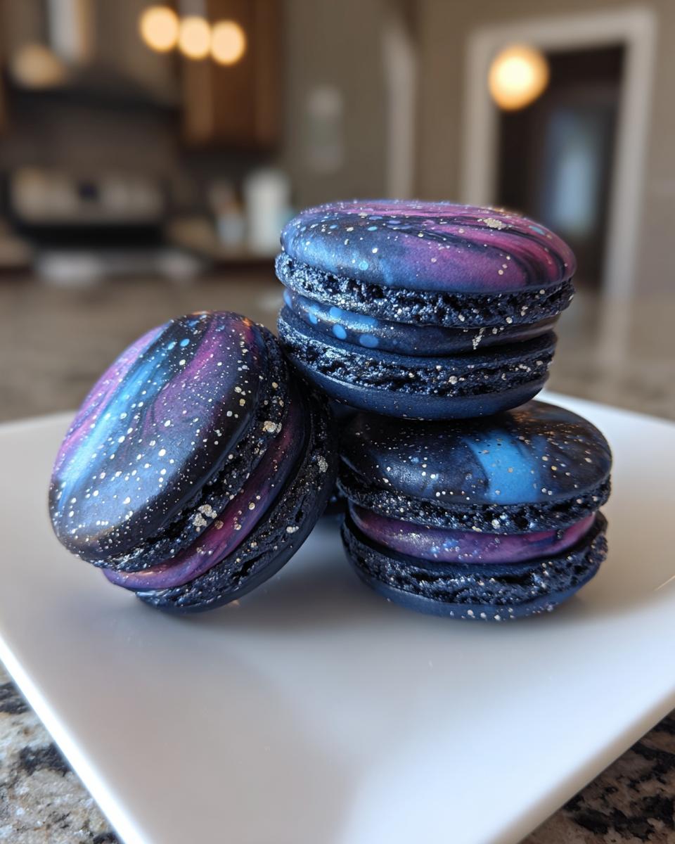 Close-up of three dark blue and purple galaxy-themed Star Wars macarons dusted with edible silver stars.
