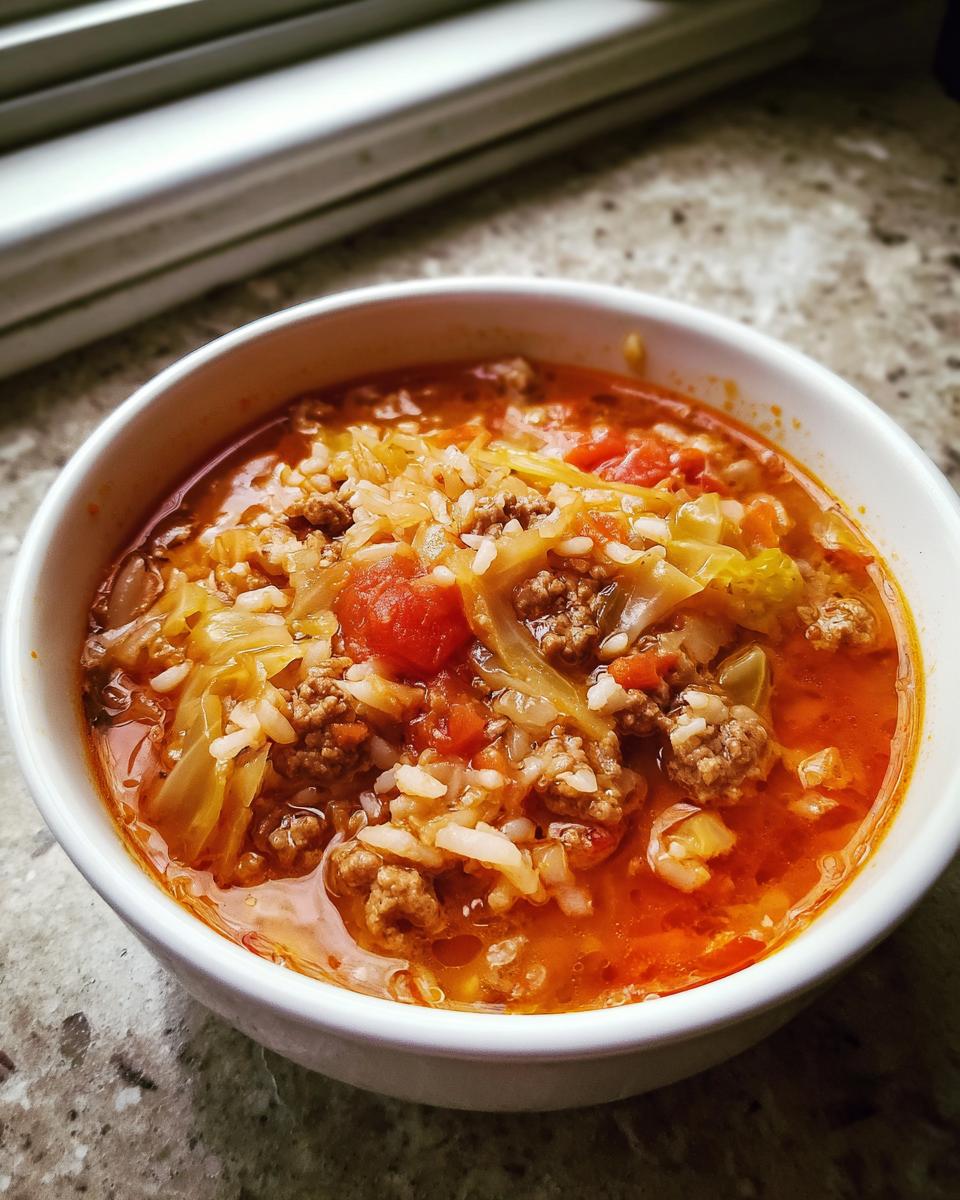A close-up of a white bowl filled with steaming Golumpki soup, featuring ground meat, cabbage, rice, and a rich tomato broth.