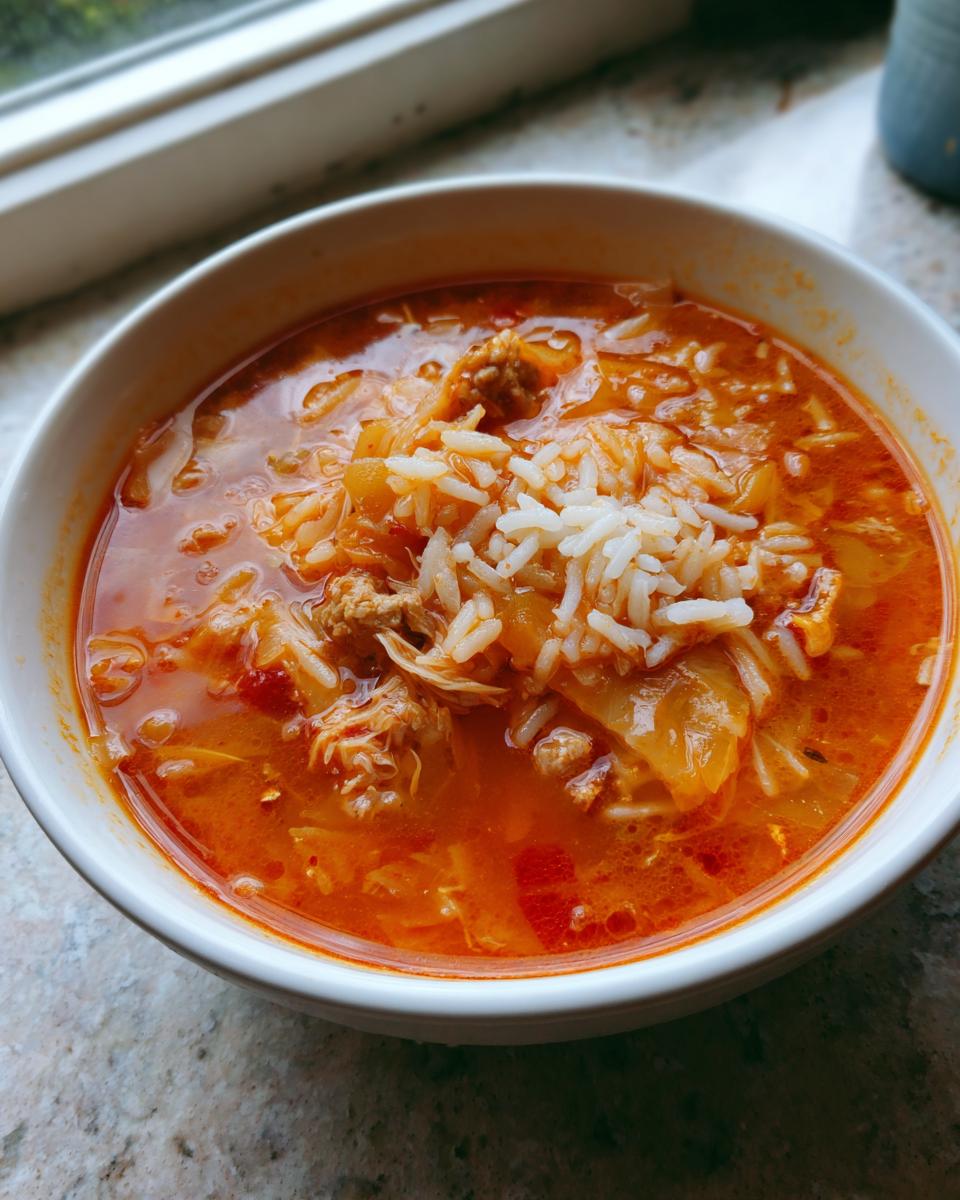 Close-up of a white bowl filled with rich, orange-red Golumpki soup, topped with white rice and ground meat.
