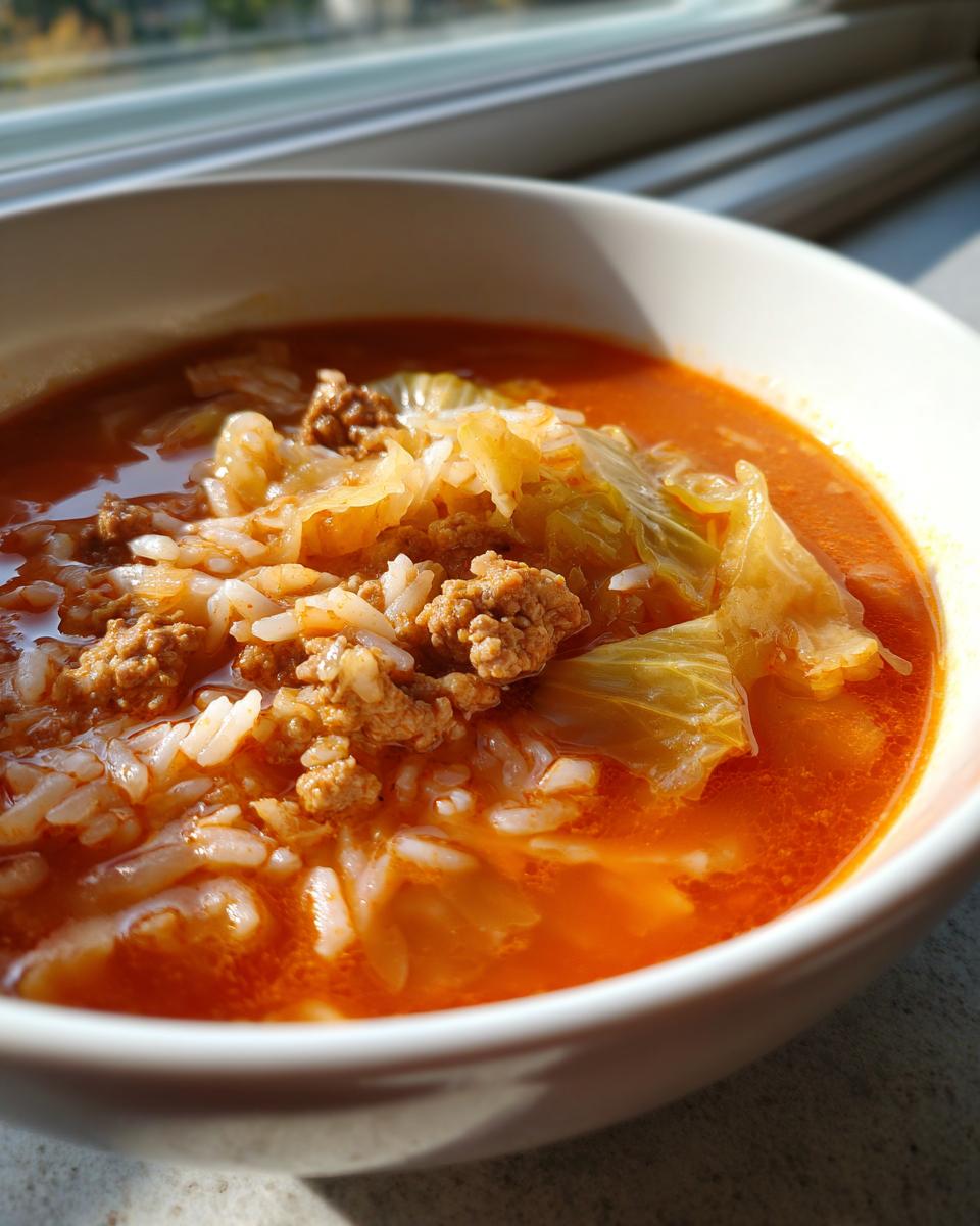 A close-up view of a bowl of vibrant orange Golumpki soup containing rice, ground meat, and cabbage.