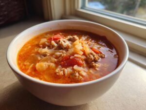A close-up of a white bowl filled with rich, tomato-based Golumpki soup featuring ground meat, rice, and cabbage.