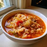 A close-up of a steaming white bowl filled with rich, tomato-based Golumpki soup containing ground meat, cabbage, and rice.