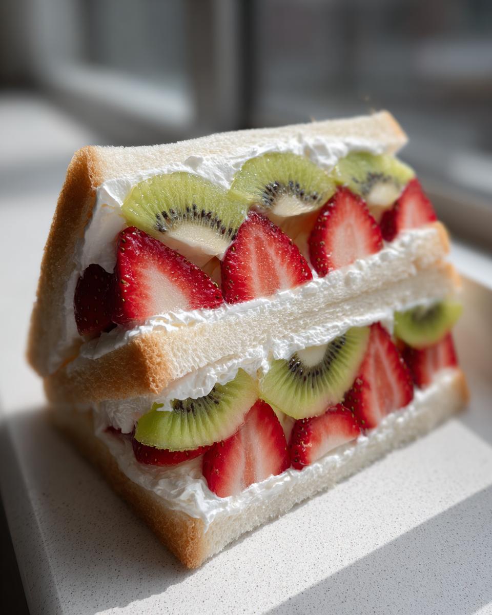 A cross-section view of a vibrant Japanese fruit sandwich filled with whipped cream, sliced strawberries, and kiwi.