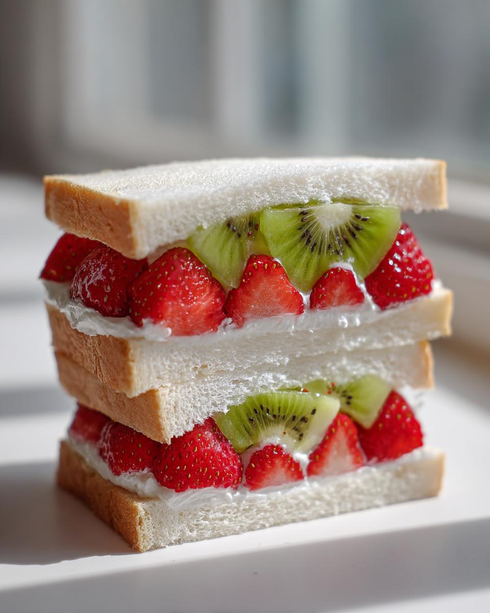 Two stacked halves of a Japanese fruit sandwich filled with fresh strawberries, kiwi slices, and whipped cream.