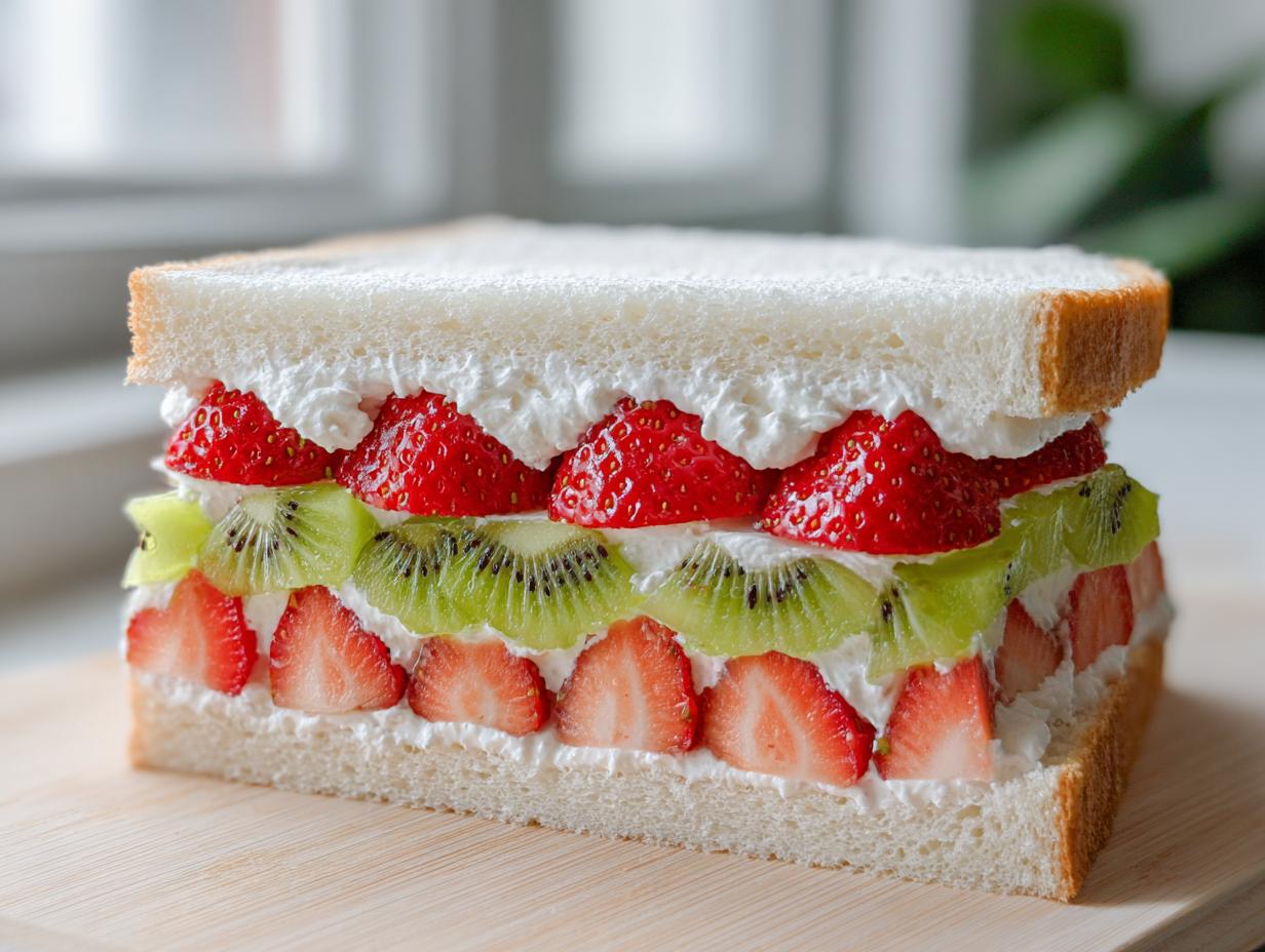 A cross-section view of a vibrant Japanese fruit sandwich filled with layers of whipped cream, sliced strawberries, and kiwi.