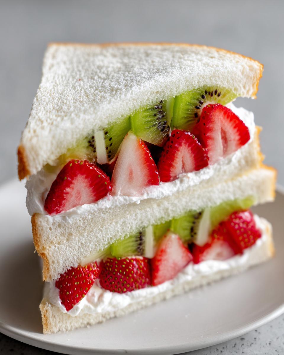 A cross-section view of a delicious Japanese fruit sandwich filled with fresh strawberries, kiwi slices, and whipped cream between soft white bread.
