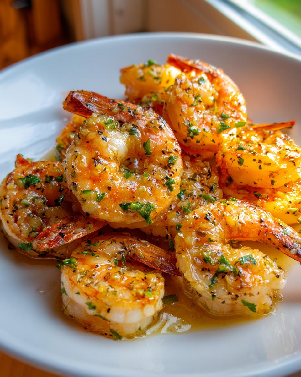 Close-up of juicy garlic butter shrimp coated in butter sauce and fresh parsley, served on a white plate.