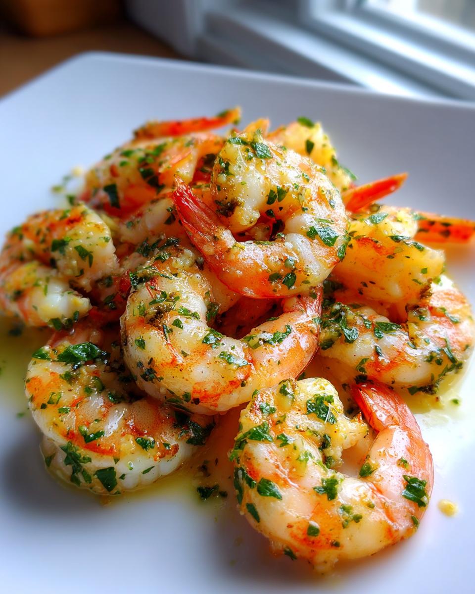 Close-up of juicy Garlic butter shrimp coated in melted butter and fresh chopped parsley, served on a white plate.