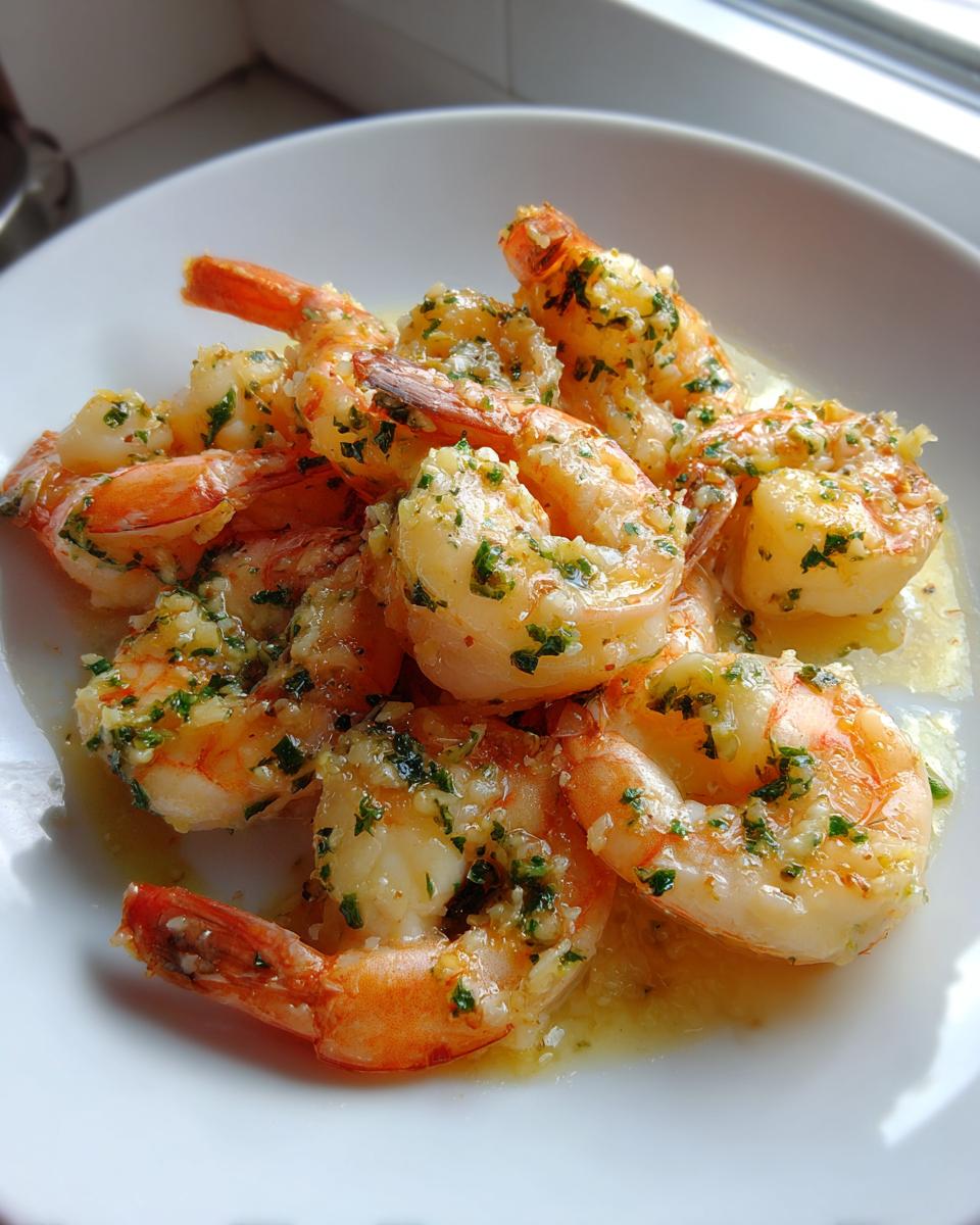Close-up of succulent Garlic butter shrimp coated in melted butter, minced garlic, and fresh parsley, served on a white plate.