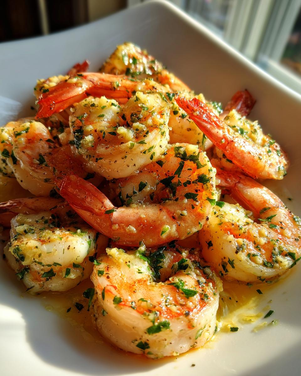 Close-up of juicy garlic butter shrimp coated in herbs and butter sauce, served in a white dish.