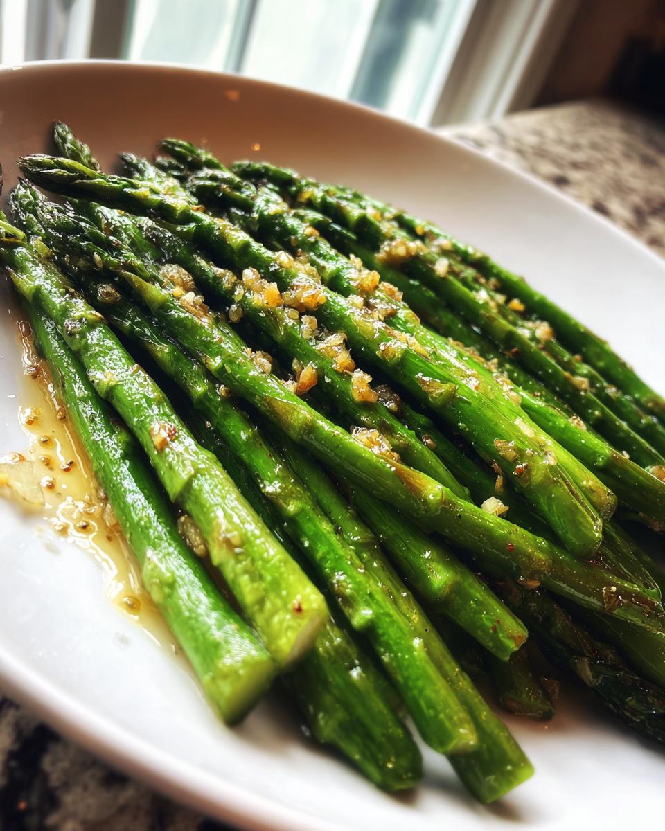 Close-up of bright green Lemon garlic roasted asparagus spears drizzled with oil and minced garlic.