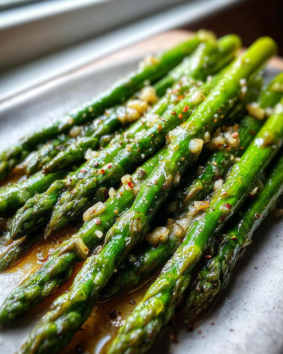 Close-up of vibrant green Lemon garlic roasted asparagus spears coated in glistening sauce and minced garlic.