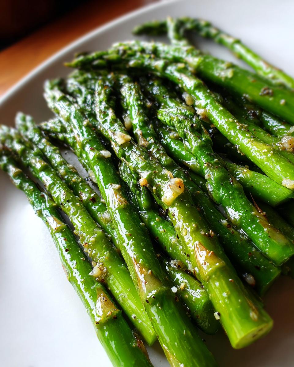 Close-up of bright green Lemon garlic roasted asparagus spears glistening with oil and minced garlic.