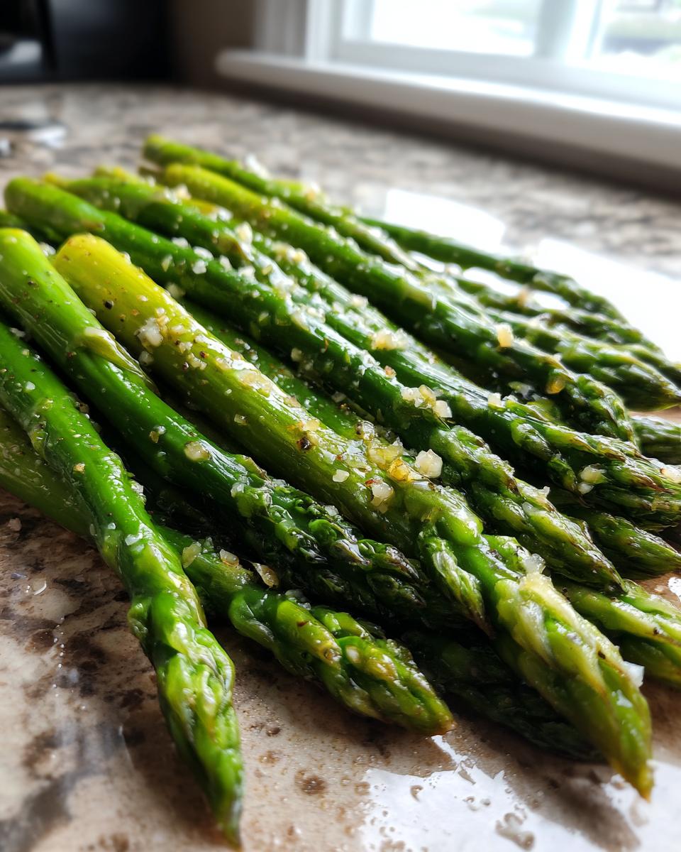 Close-up of bright green, roasted Lemon garlic roasted asparagus spears seasoned with minced garlic and salt.