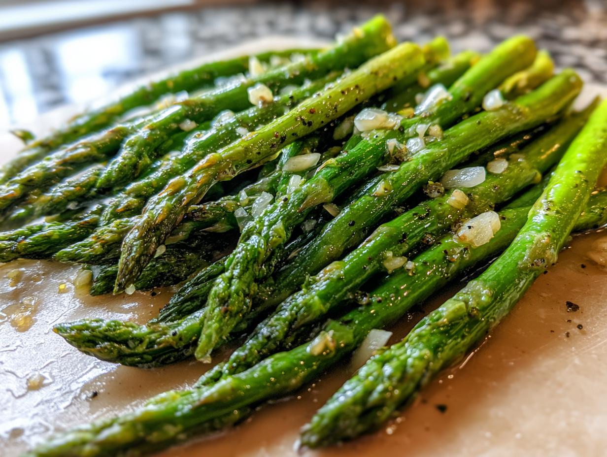 Close-up of bright green, tender Lemon garlic roasted asparagus spears coated in oil, garlic, and pepper.