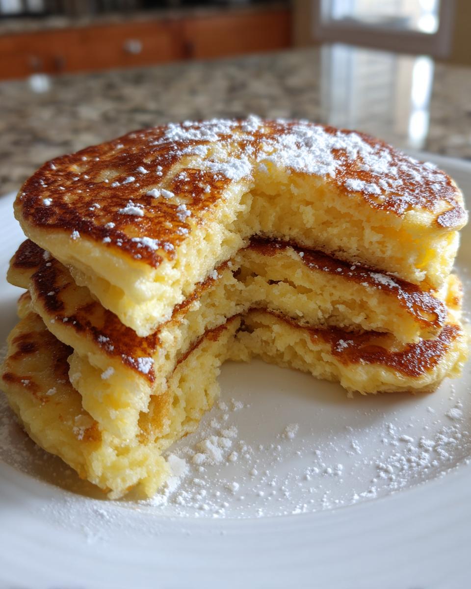 Close-up of a stack of fluffy Lemon Ricotta Pancakes with a bite taken out, dusted heavily with powdered sugar.