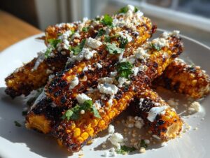 Close-up of four charred Mexican street corn ribs topped with white crumbled cheese and cilantro.