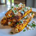 Close-up of grilled Mexican street corn ribs topped with crema, crumbled cheese, and cilantro.