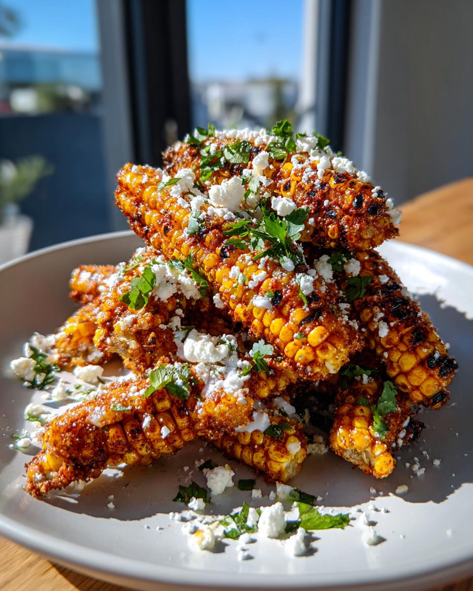 A stack of grilled Mexican street corn ribs coated in spices, topped with crumbled white cheese and fresh cilantro.