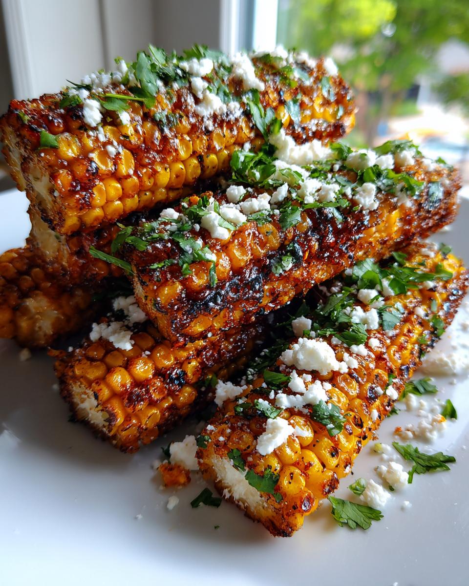 A stack of grilled Mexican street corn ribs coated in sauce, topped with crumbled cotija cheese and fresh cilantro.