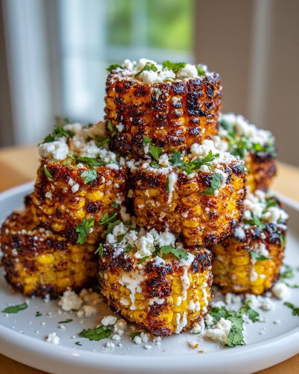 A stack of charred Mexican street corn ribs topped with cotija cheese and cilantro.