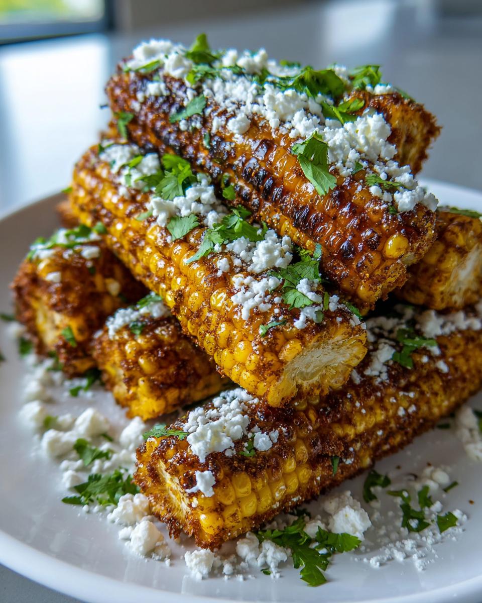 A stack of grilled Mexican street corn ribs generously topped with crumbled cotija cheese and fresh cilantro.
