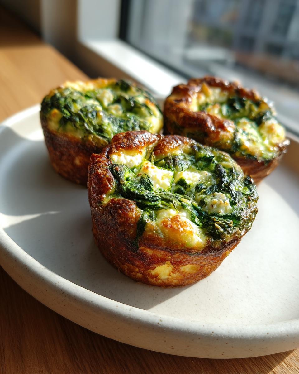 Three freshly baked mini spinach quiche cups with browned edges sitting on a light-colored plate near a window.