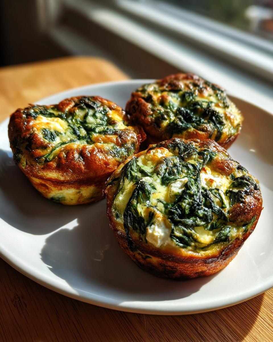 Three golden-brown mini spinach quiche bites featuring visible spinach and cheese, served on a white plate.