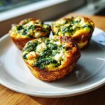 Three golden brown mini spinach quiche cups topped with visible spinach and feta cheese, resting on a white plate.