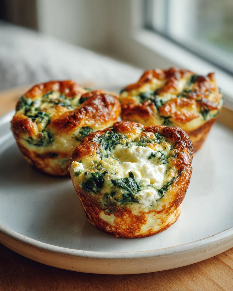 Three golden brown mini spinach quiche cups with visible spinach and cheese filling, sitting on a light ceramic plate.