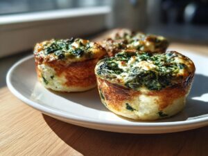 Three perfectly baked mini spinach quiche servings with golden brown edges resting on a white plate.