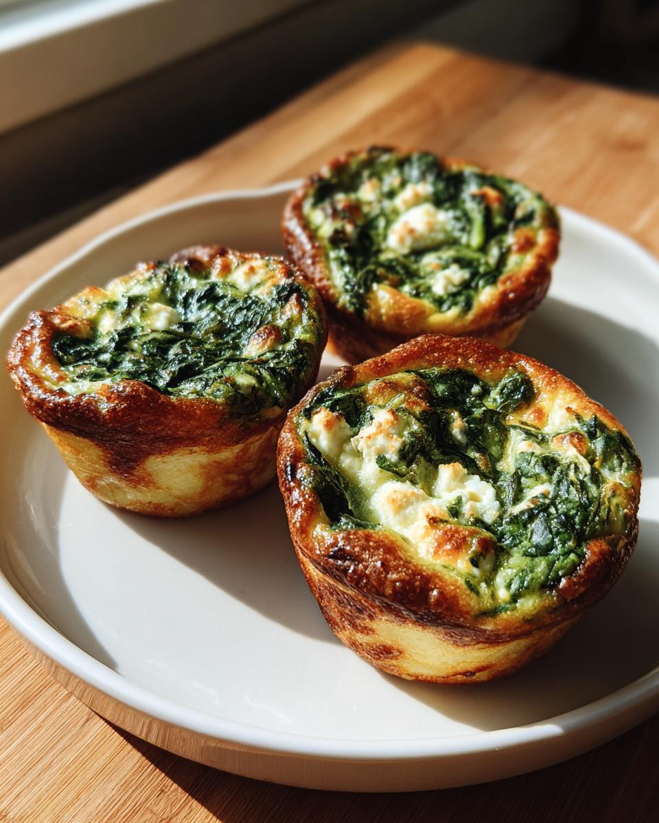 Three perfectly baked mini spinach quiche with visible feta cheese, served on a white plate bathed in sunlight.