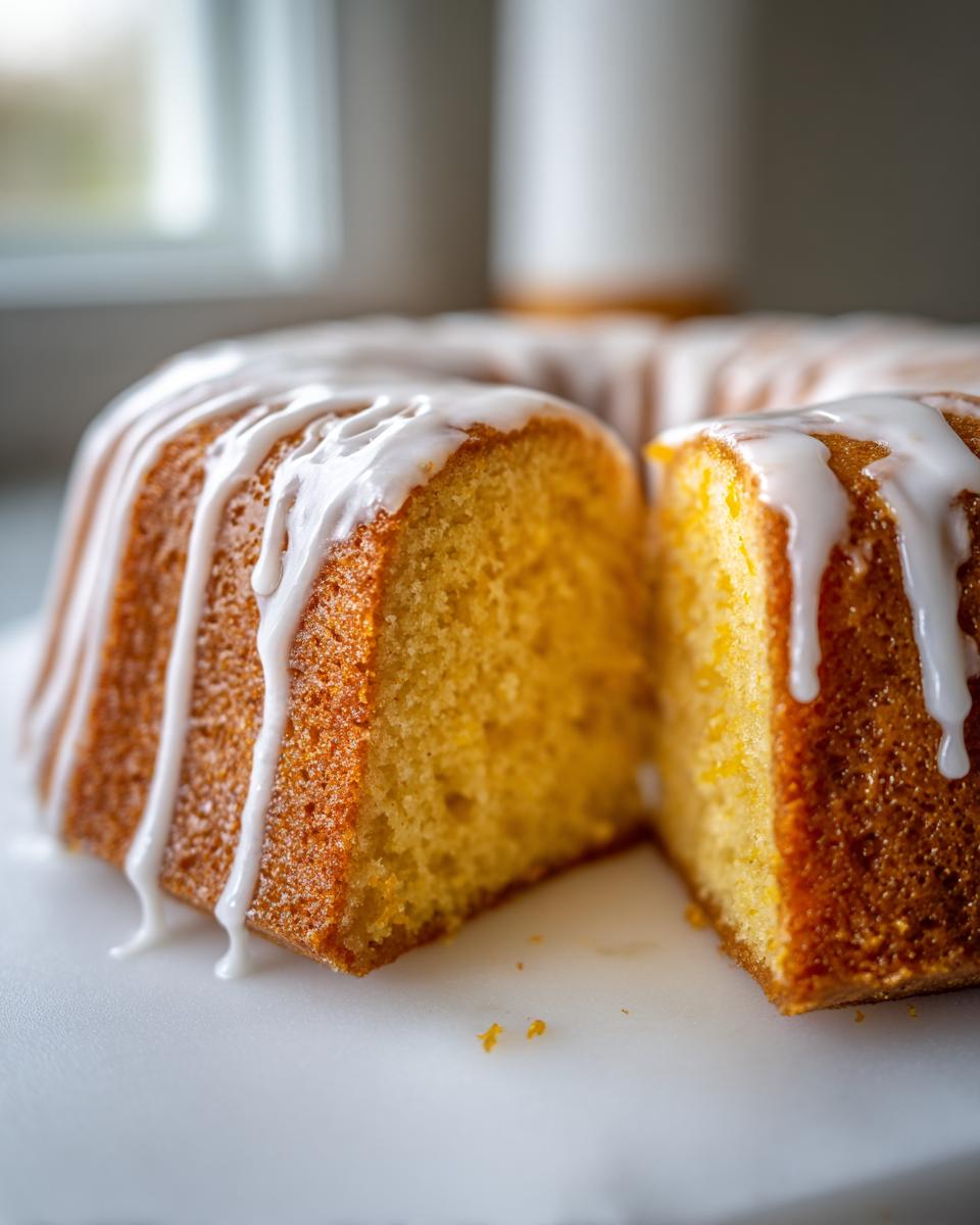 Close-up of a moist Orange Juice Cake, bundt style, with a thick white glaze dripping down the sides.