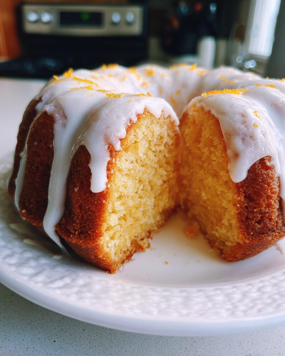 A slice has been removed from a golden Orange Juice Cake topped with white glaze and orange zest.