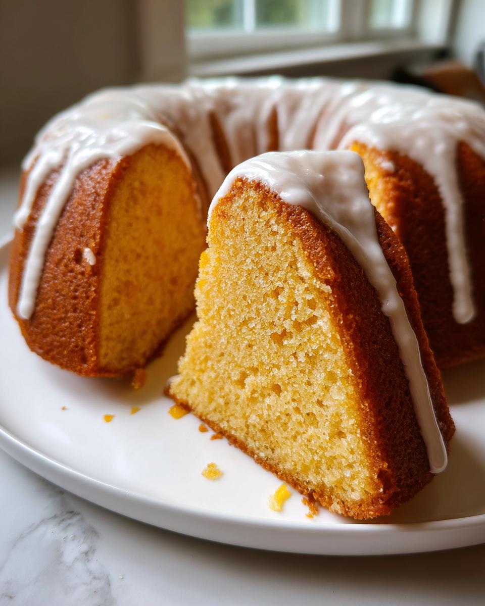 A slice cut from a bundt-style Orange Juice Cake, drizzled with white icing, sitting on a white plate.