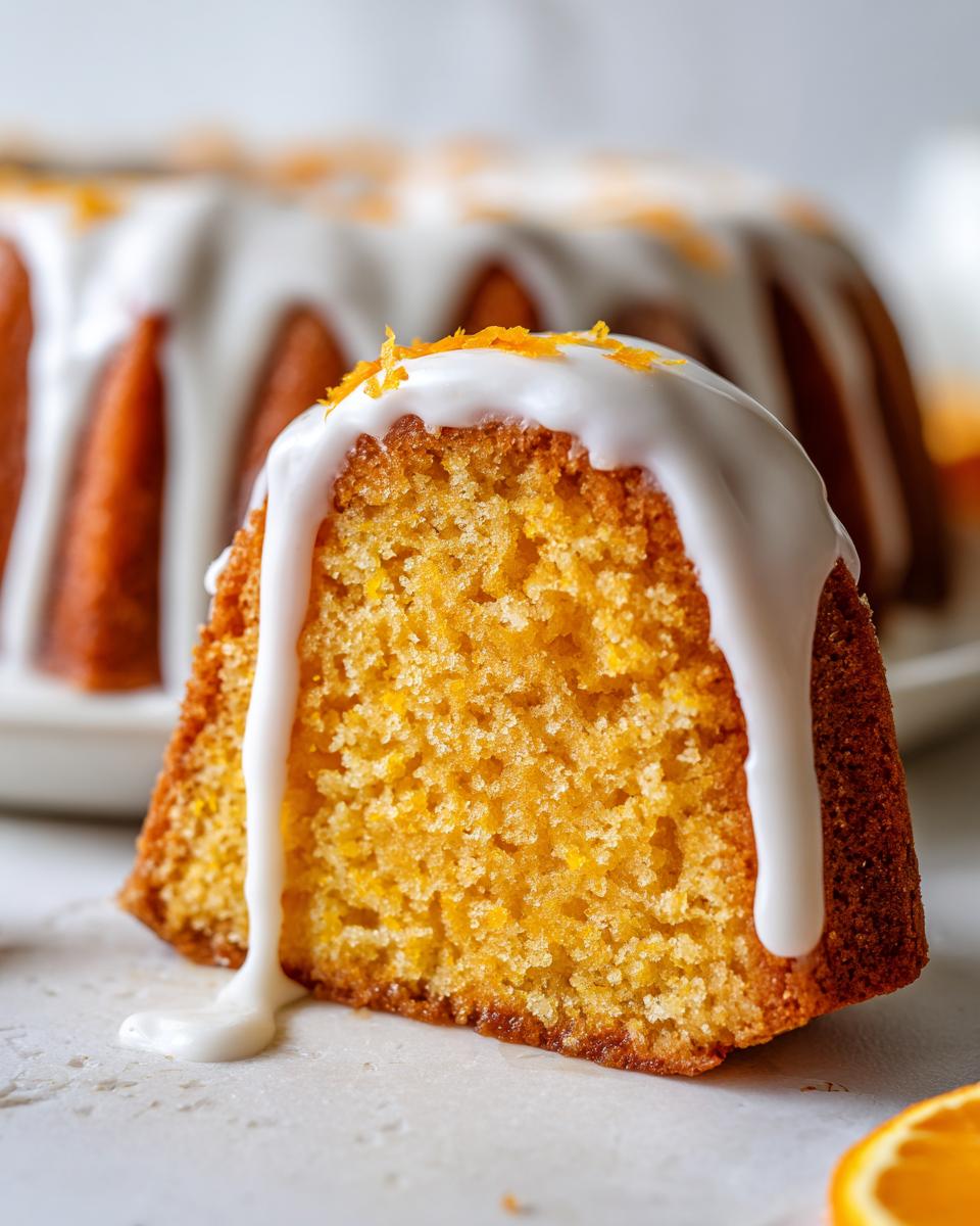 Close-up of a moist slice of Orange Juice Cake topped with dripping white glaze and orange zest.
