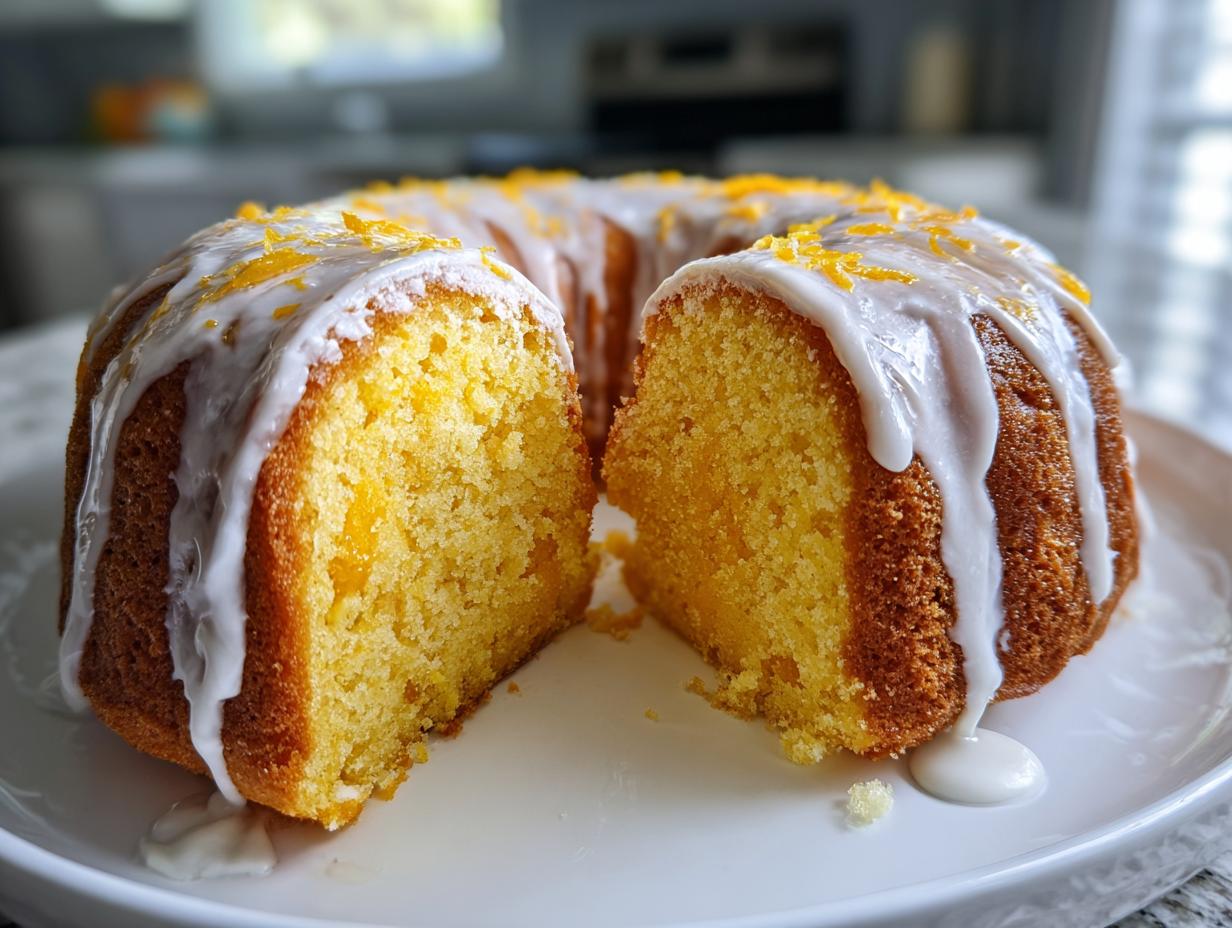 A sliced Orange Juice Cake with thick white glaze dripping down the sides and topped with orange zest.