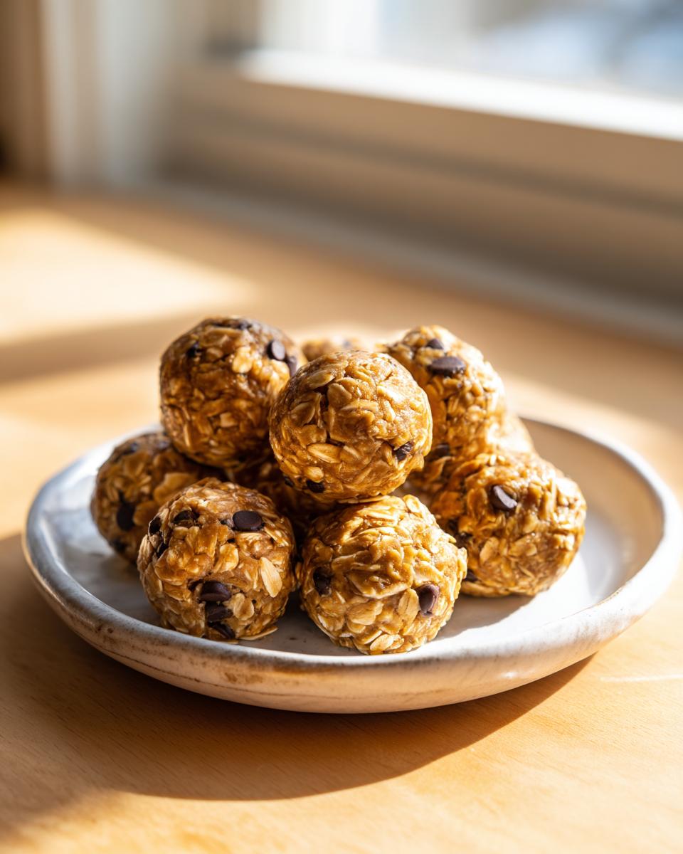 A stack of homemade Peanut Butter Oatmeal Energy Bites studded with mini chocolate chips, sitting on a small white plate.
