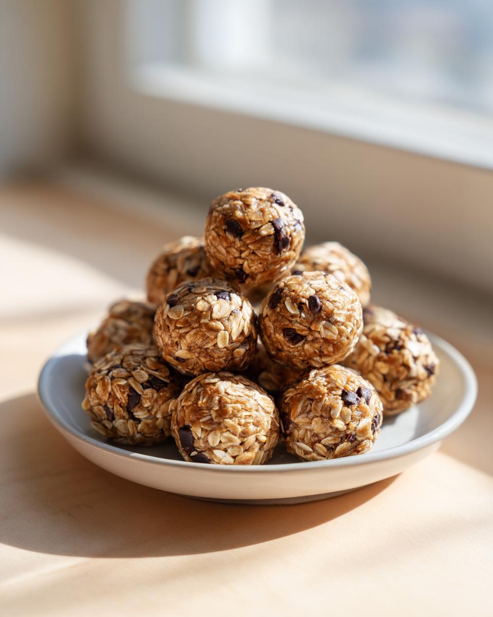 A stack of homemade Peanut Butter Oatmeal Energy Bites mixed with chocolate chips, resting on a small white plate.