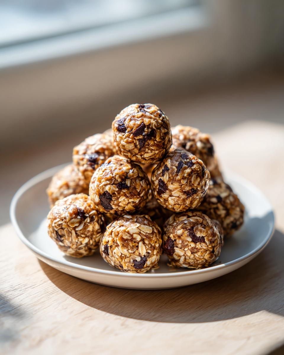 A mound of homemade Peanut Butter Oatmeal Energy Bites stacked on a small white plate, catching bright sunlight.