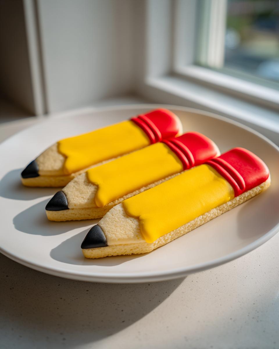 Three beautifully decorated pencil sugar cookies with yellow bodies, red erasers, and black tips, resting on a white plate.