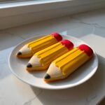 Three beautifully decorated Pencil Sugar Cookies shaped like yellow pencils with red erasers, resting on a white plate.
