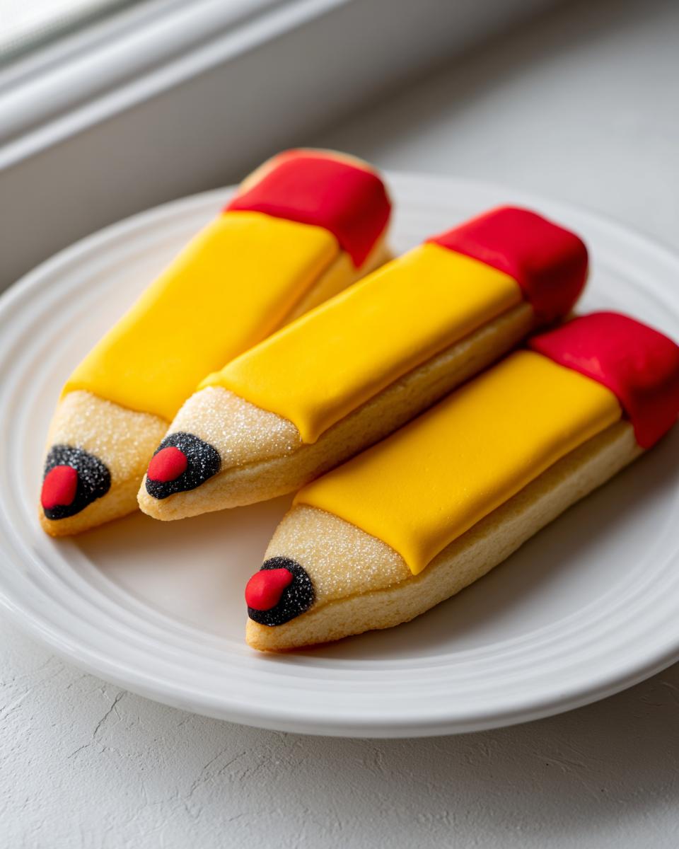 Three decorated pencil sugar cookies with yellow icing, red erasers, and black/red tips, resting on a white plate.
