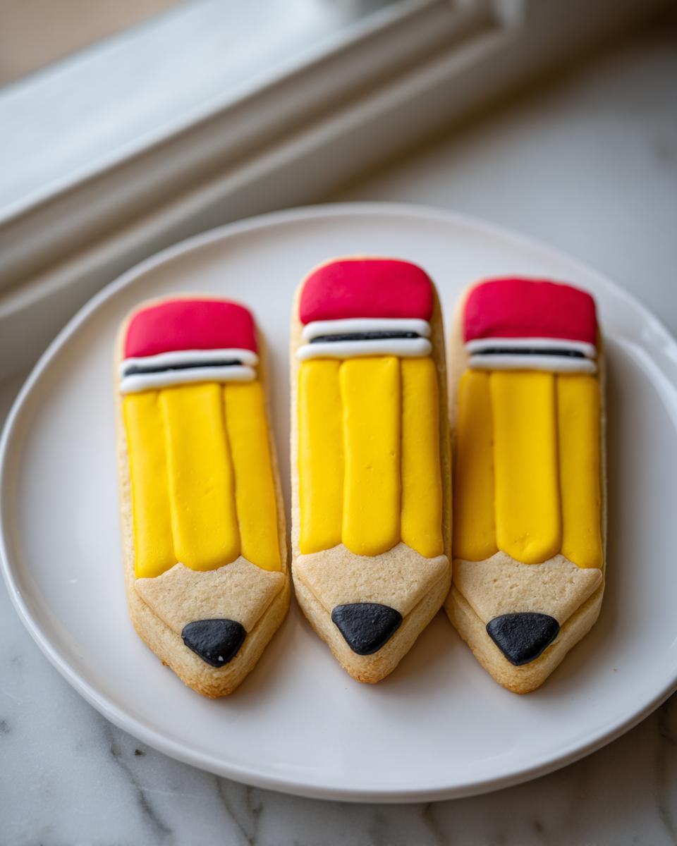Three beautifully decorated Pencil Sugar Cookies shaped like classic yellow pencils with red erasers, resting on a white plate.
