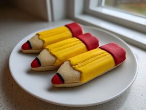 Three beautifully decorated pencil sugar cookies featuring yellow icing, red erasers, and black tips, displayed on a white plate.