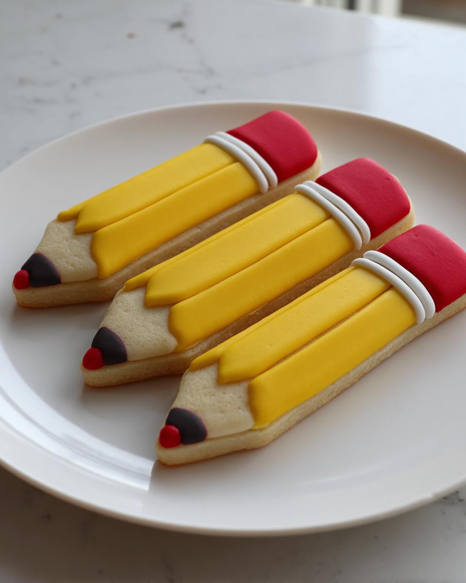 Three beautifully decorated Pencil Sugar Cookies shaped like yellow pencils with red erasers, resting on a white plate.