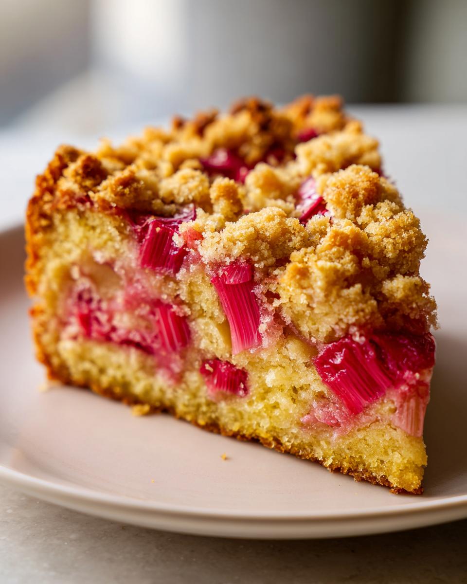 Close-up of a moist slice of Rhubarb Coffee Cake featuring bright pink rhubarb pieces and a golden crumb topping.