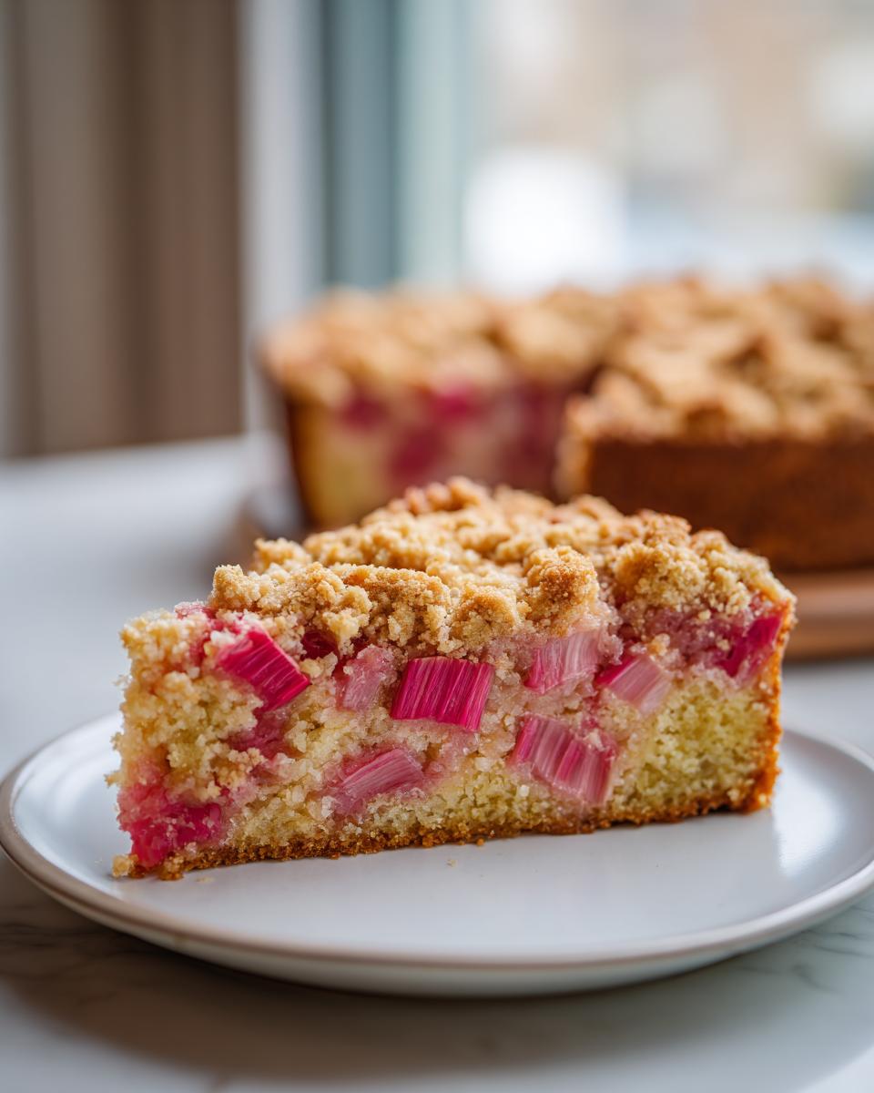 A close-up slice of moist Rhubarb Coffee Cake featuring bright pink rhubarb pieces and a thick streusel topping.