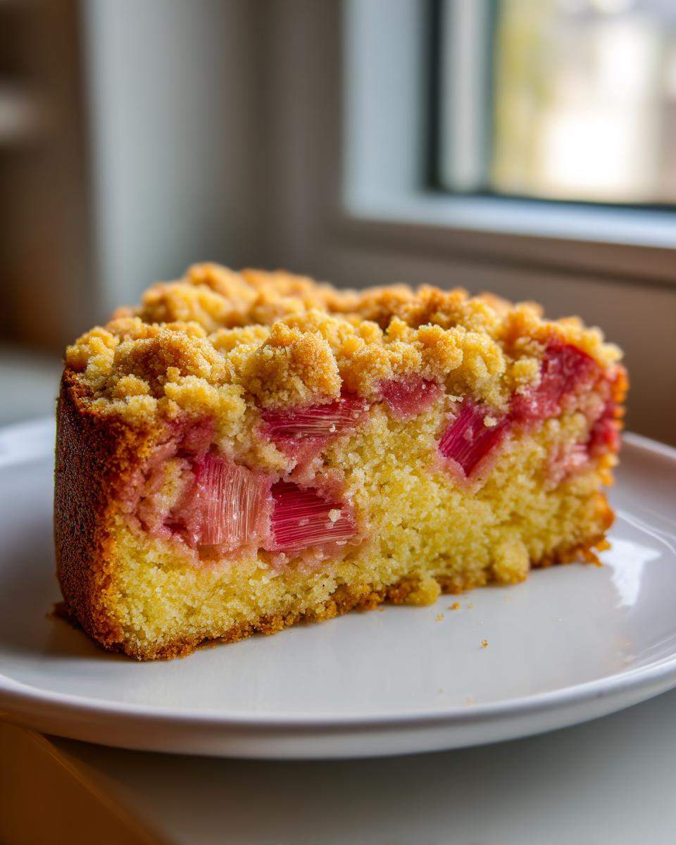 A close-up shot of a moist slice of Rhubarb Coffee Cake featuring bright pink rhubarb pieces and a golden crumb topping.